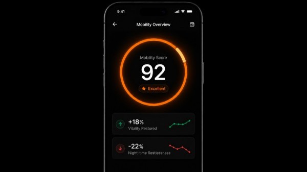 Sleek dark mode mobile app dashboard showing circular Mobility Score of 92