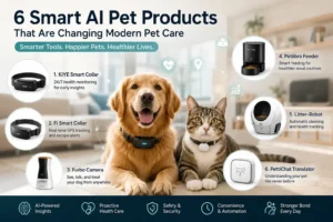 AI pet products including smart collars, pet cameras, automatic feeders, and health monitoring technology for modern pet care