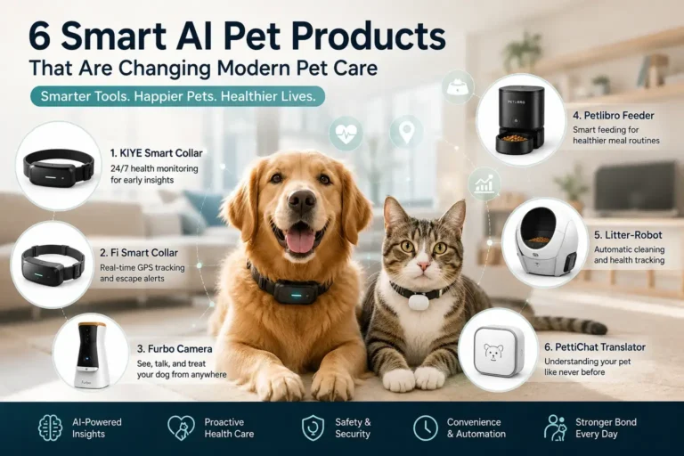 AI pet products including smart collars, pet cameras, automatic feeders, and health monitoring technology for modern pet care