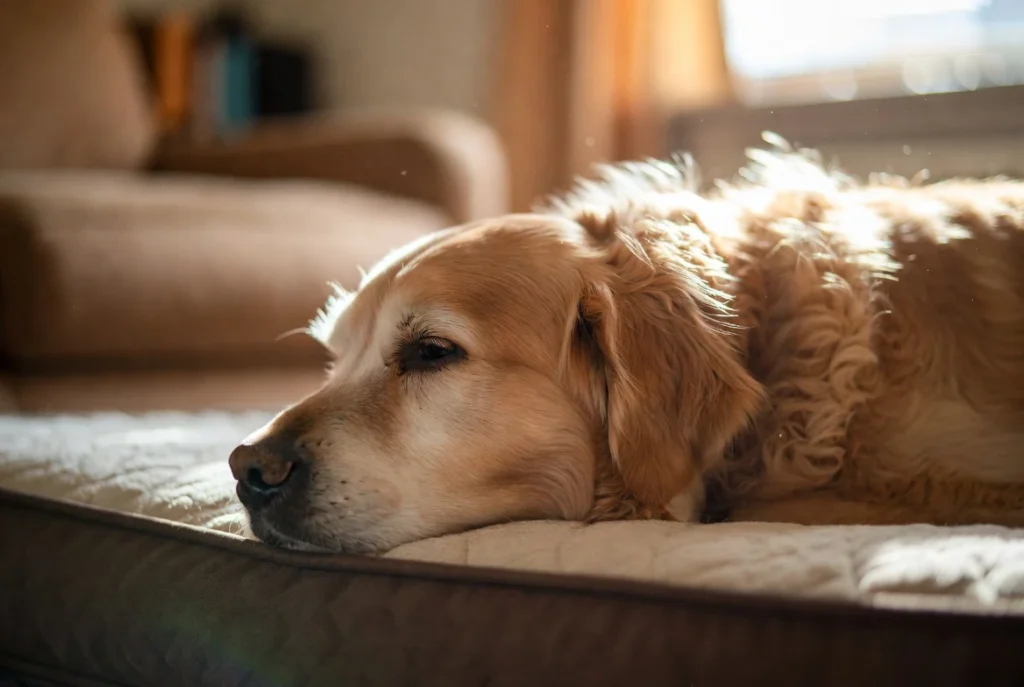 A senior golden retriever resting peacefully on a dog bed