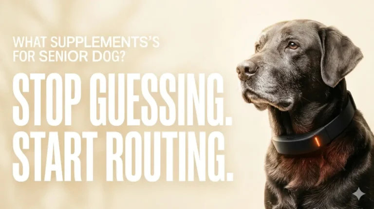 Warm sunlit banner with a senior dog wearing KIYE collar next to text asking what supplements for senior dog.