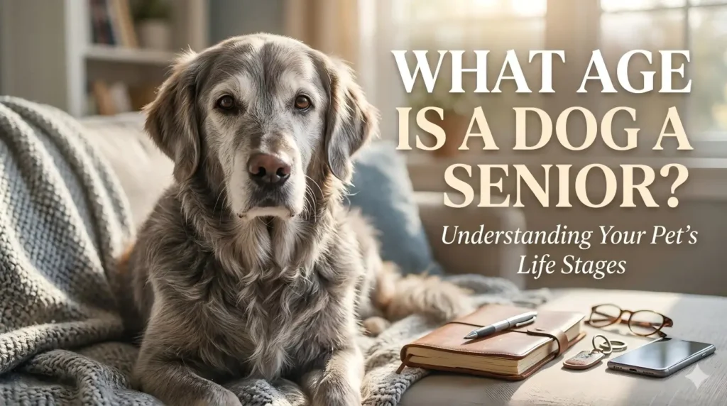 Older Golden Retriever on a sofa next to the text "What Age Is a Dog a Senior?".