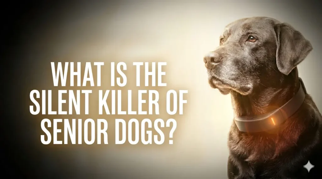 Senior black dog wearing KIYE smart collar next to the article title What Is The Silent Killer Of Senior Dogs.