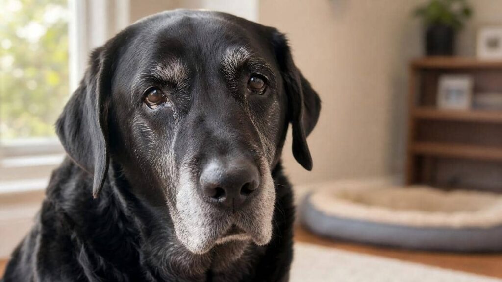 Senior Labrador with gray muzzle and tear stains, sitting calmly indoors.