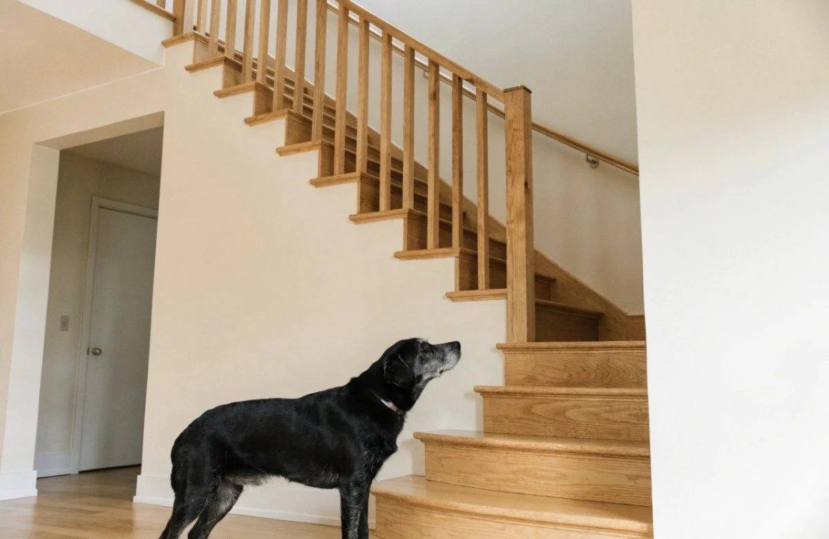 Senior black dog hesitating at the bottom of indoor wooden stairs