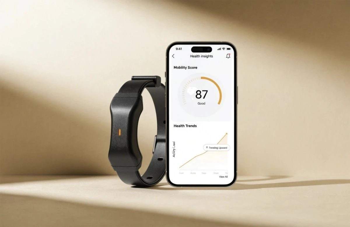 Sleek pet health dashboard on a smartphone next to a modern smart collar