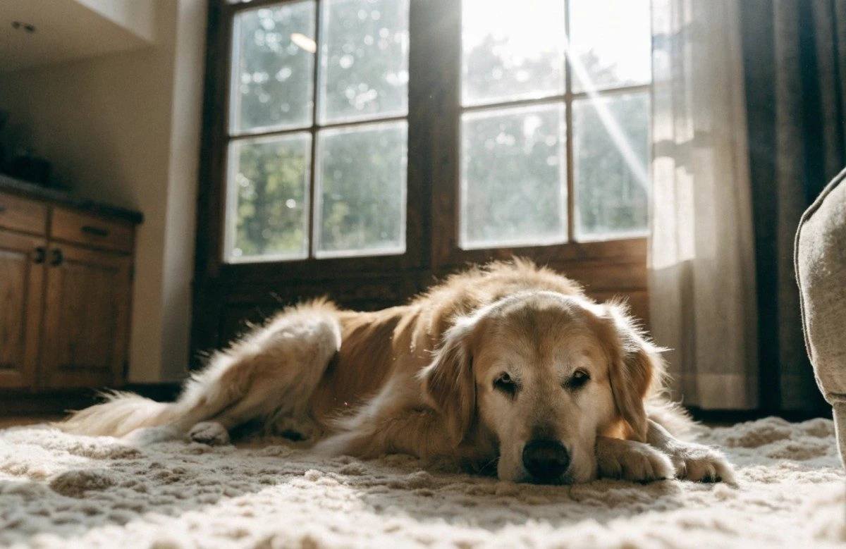Cozy home setting with an old dog resting quietly on a soft rug near a window