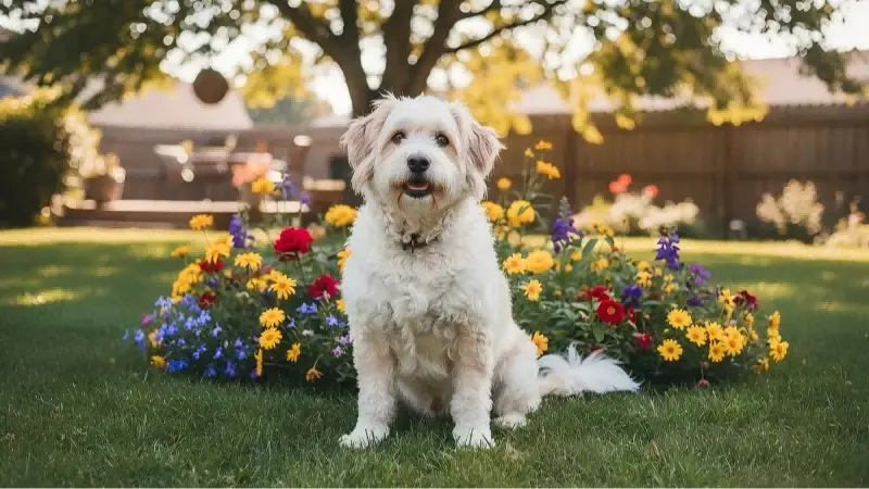A happy 13 year old small dog sitting in a sunny yard