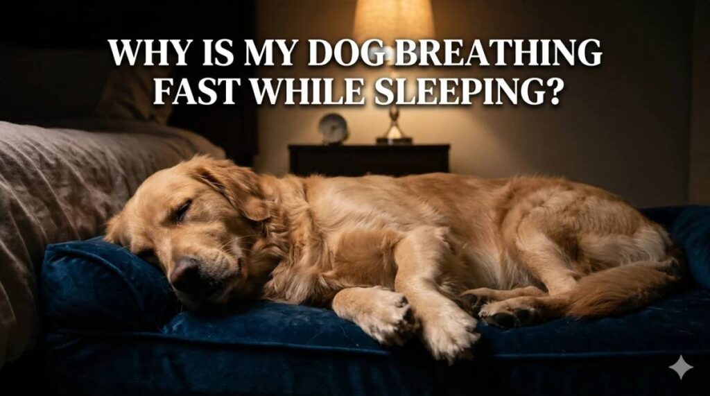 Senior dog breathing fast while sleeping at night indoors