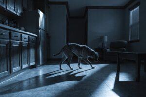 [adult dog pacing in a circular loop from kitchen to living room