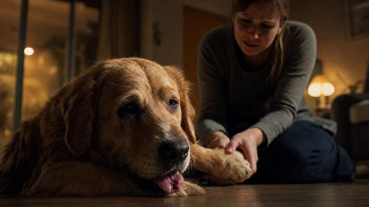 senior dog breathing emergency at night with worried owner