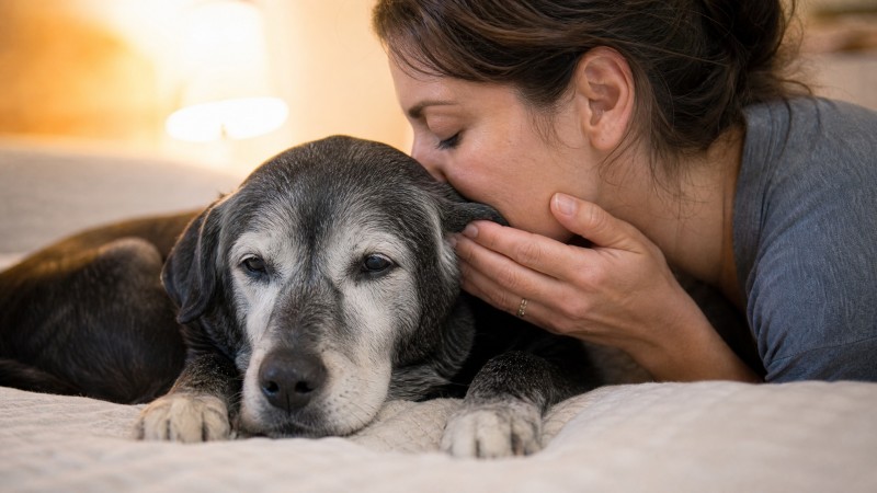 A owner whispering softly into an old dog's ear