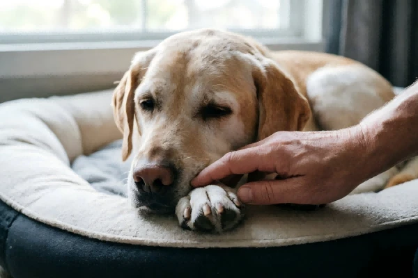 Owner comforting a sick senior dog