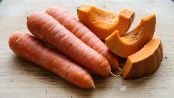 Fresh raw carrots and pumpkin pieces on a wooden cutting board