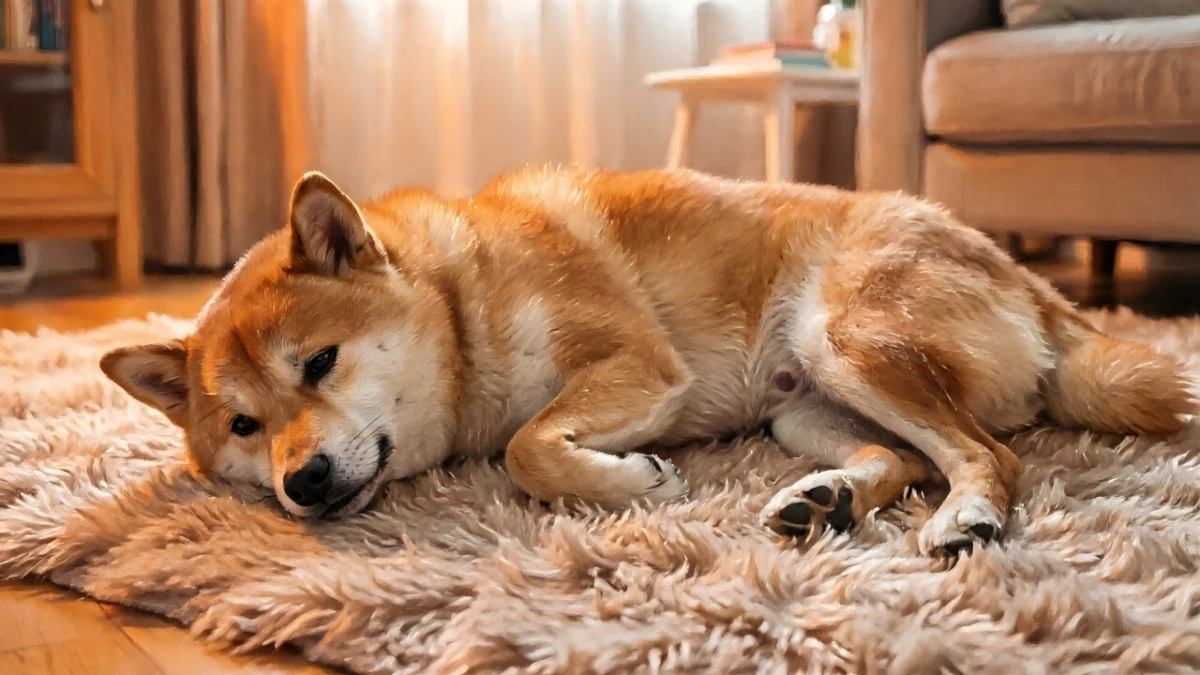 An old dog lies on a cozy rug, tossing and turning, struggling to fall asleep.