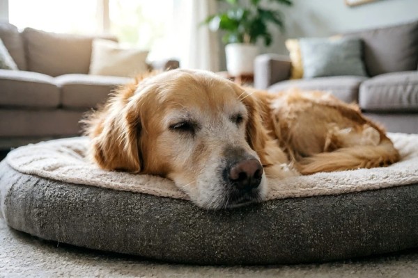 Senior dog resting comfortably at home