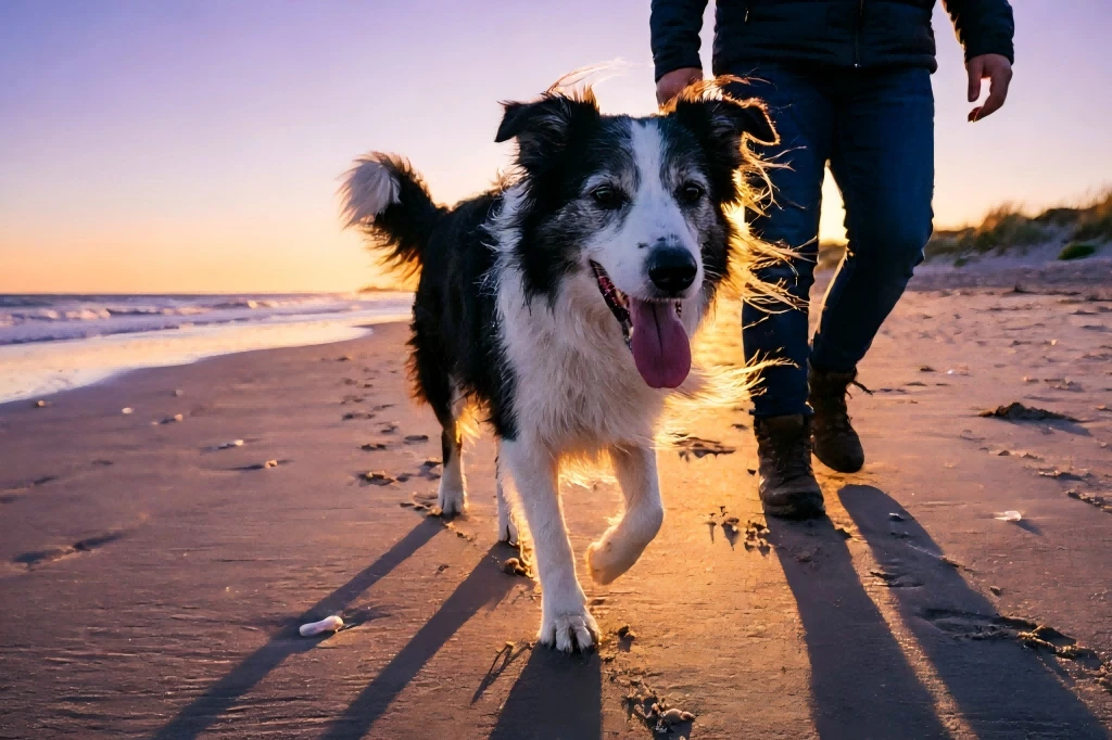 an elderly Border Collie walking slowly but happily on a beach at sunset with his owner
