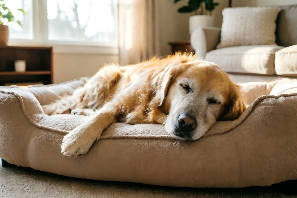 An elderly Golden Retriever resting peacefully on a comfortable orthopedic bed in a cozy room.
