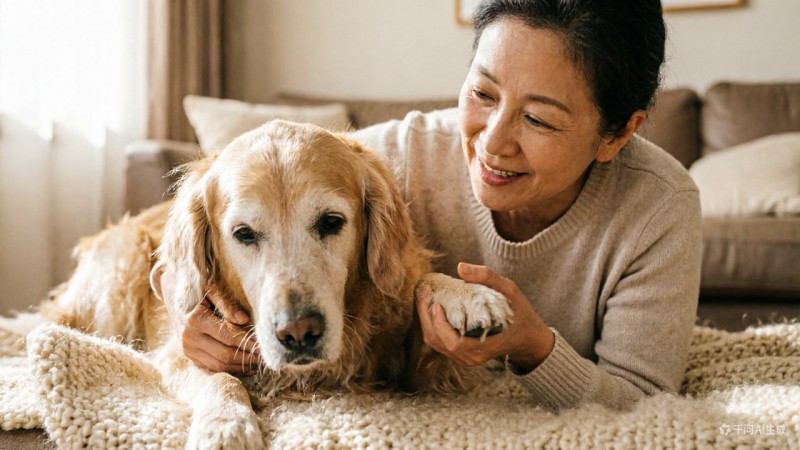 A person gently holding an old dog's paw in comfort