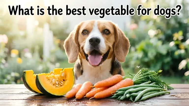 Cute dog looking up at fresh vegetables including carrots and pumpkin