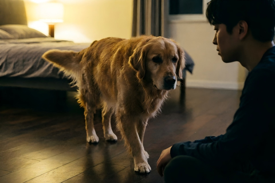 weary golden retriever pacing restlessly on dark hardwood floor in silent living room at 2 AM