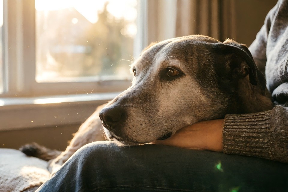 an elderly dog resting its head gently on its owner's lap