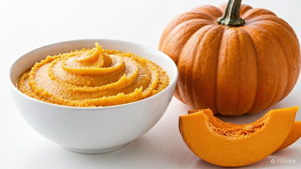 A bowl of plain cooked pumpkin puree next to a fresh pumpkin