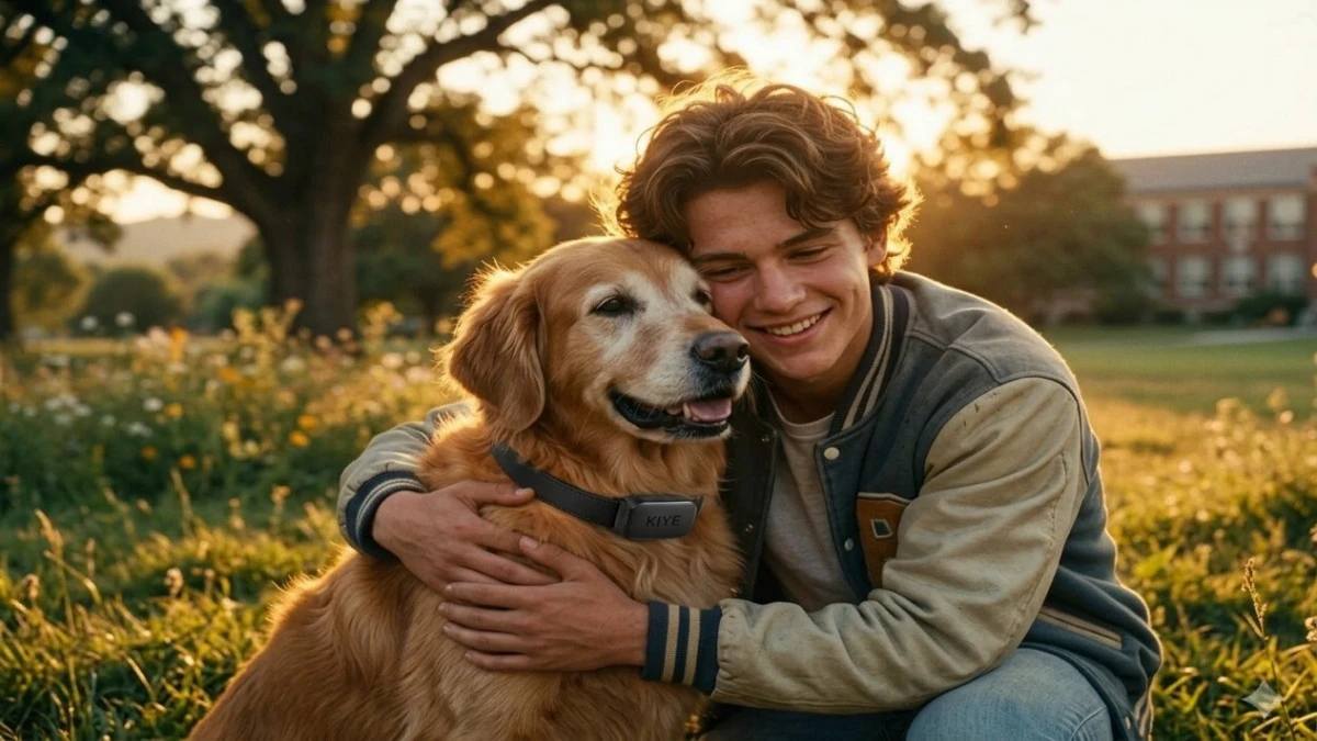 The dog wears a KIYE smart collar