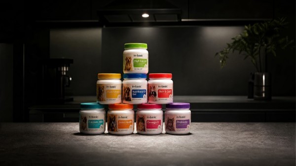 Chaotic traditional pet supplement bottles cluttered on a dark kitchen counter