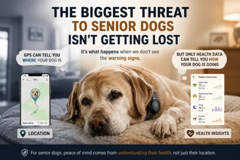 Senior dog wearing a smart collar, comparing GPS tracking and health monitoring for senior dog wellness.