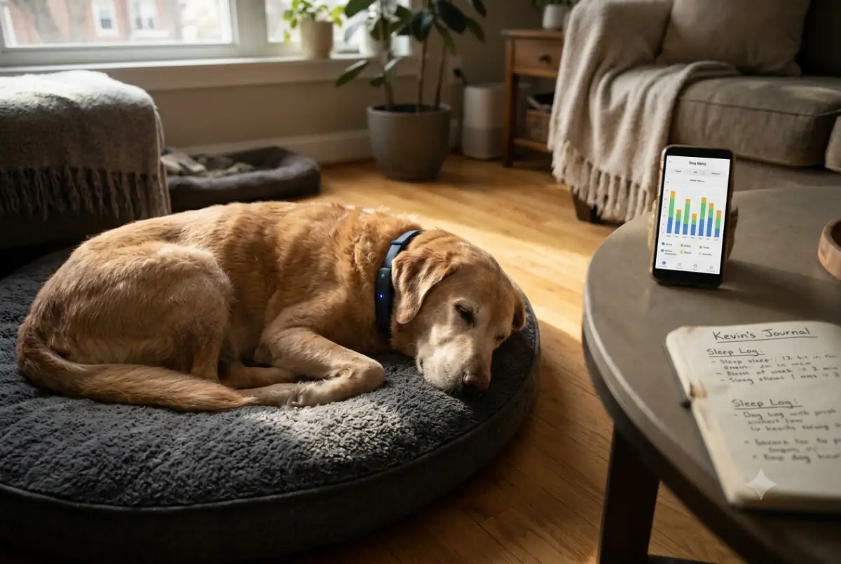 senior dog wearing smart collar at home