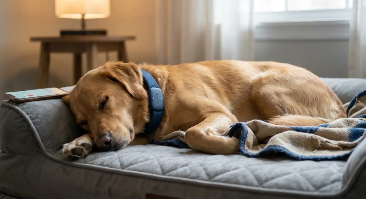 dog sleeping with health monitoring collar