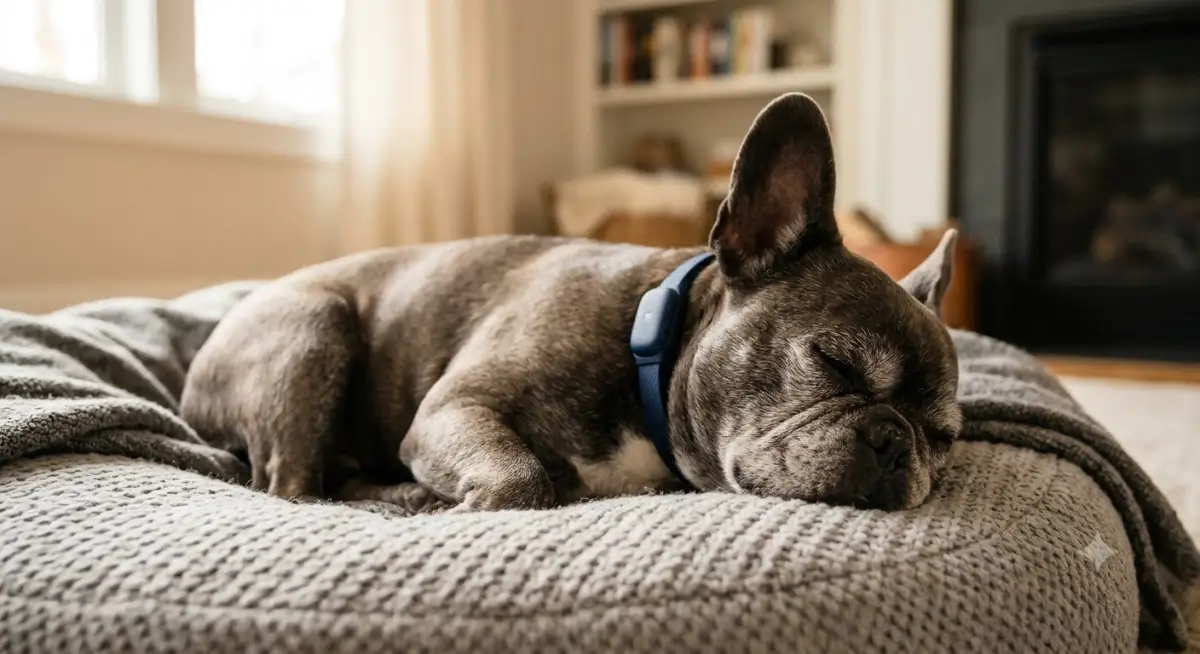 dog sleeping comfortably with smart collar