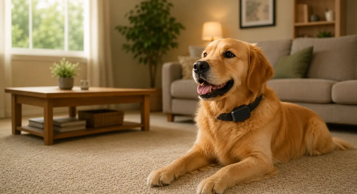 dog wearing smart collar at home