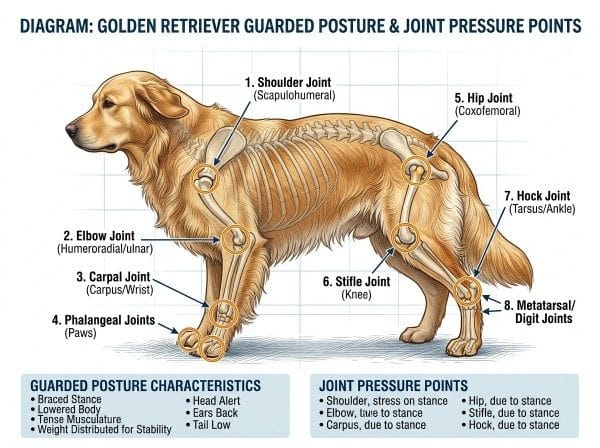 Diagram showing a Golden Retriever guarded posture with joint pressure points