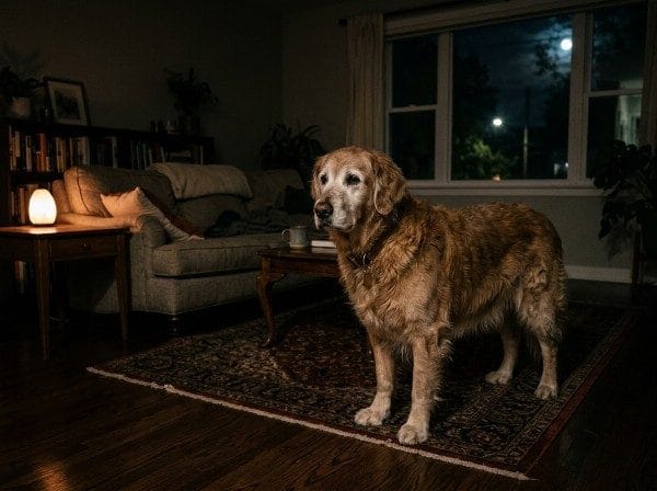 An old Golden Retriever standing in a dark living room at midnight