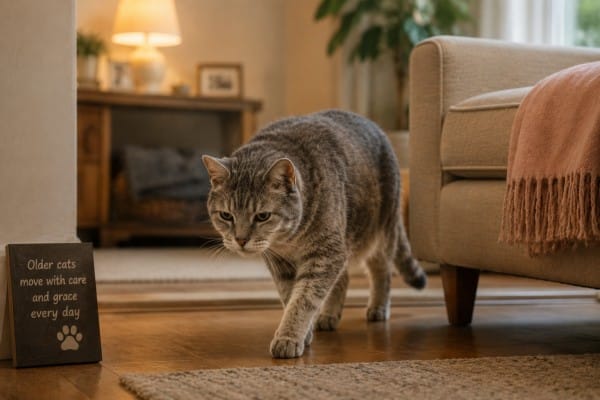 Older cat moving carefully around the home
