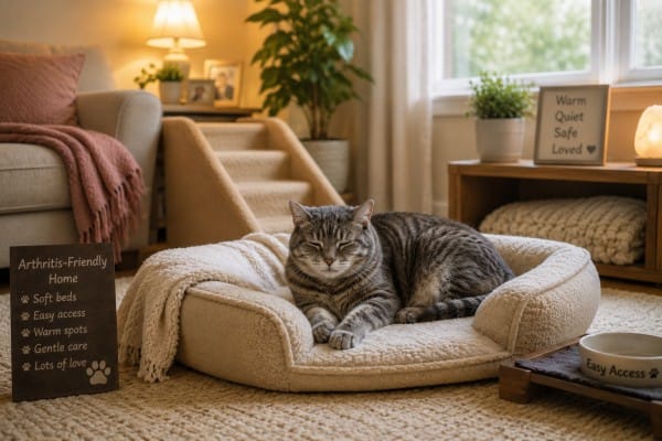 Senior cat comfortably resting in an arthritis-friendly home