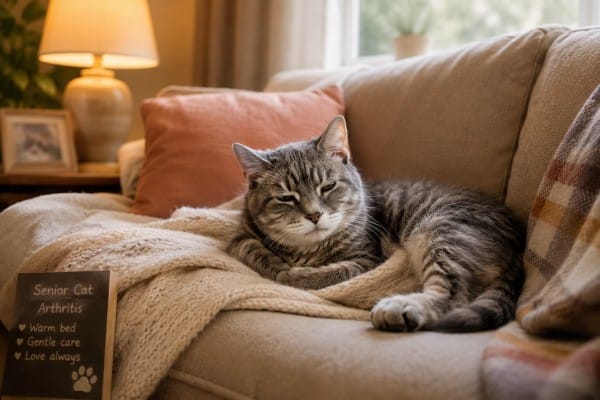 Senior cat resting on a sofa showing early signs of arthritis