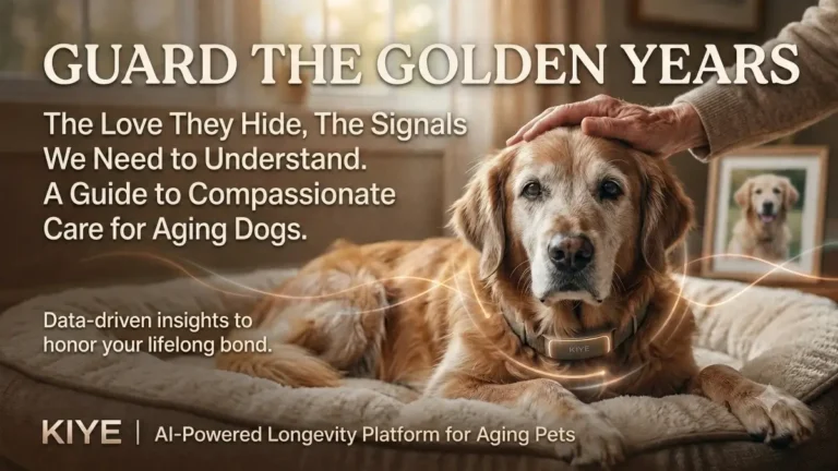 A senior Golden Retriever wearing a KIYE smart collar resting in a warm living room while being gently pet by its owner, illustrating compassionate care and early signs of canine aging.