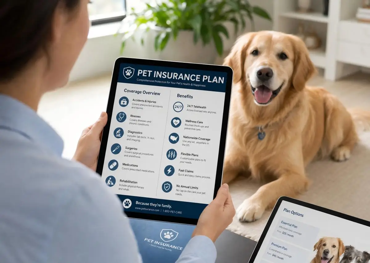 A person reviewing a digital insurance plan for a senior dog equipped with KIYE health tracking.