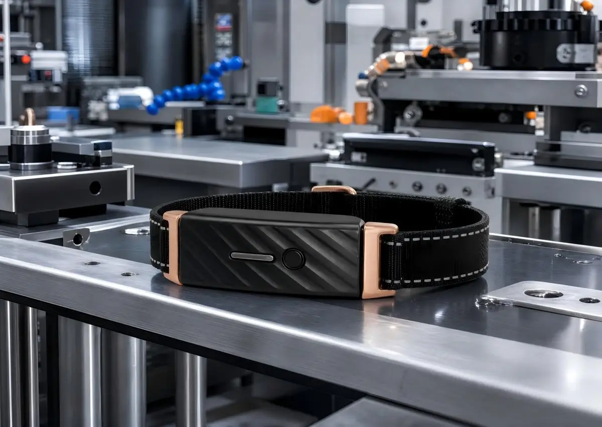 A KIYE smart health monitoring collar for senior dog longevity care on an automated production line.