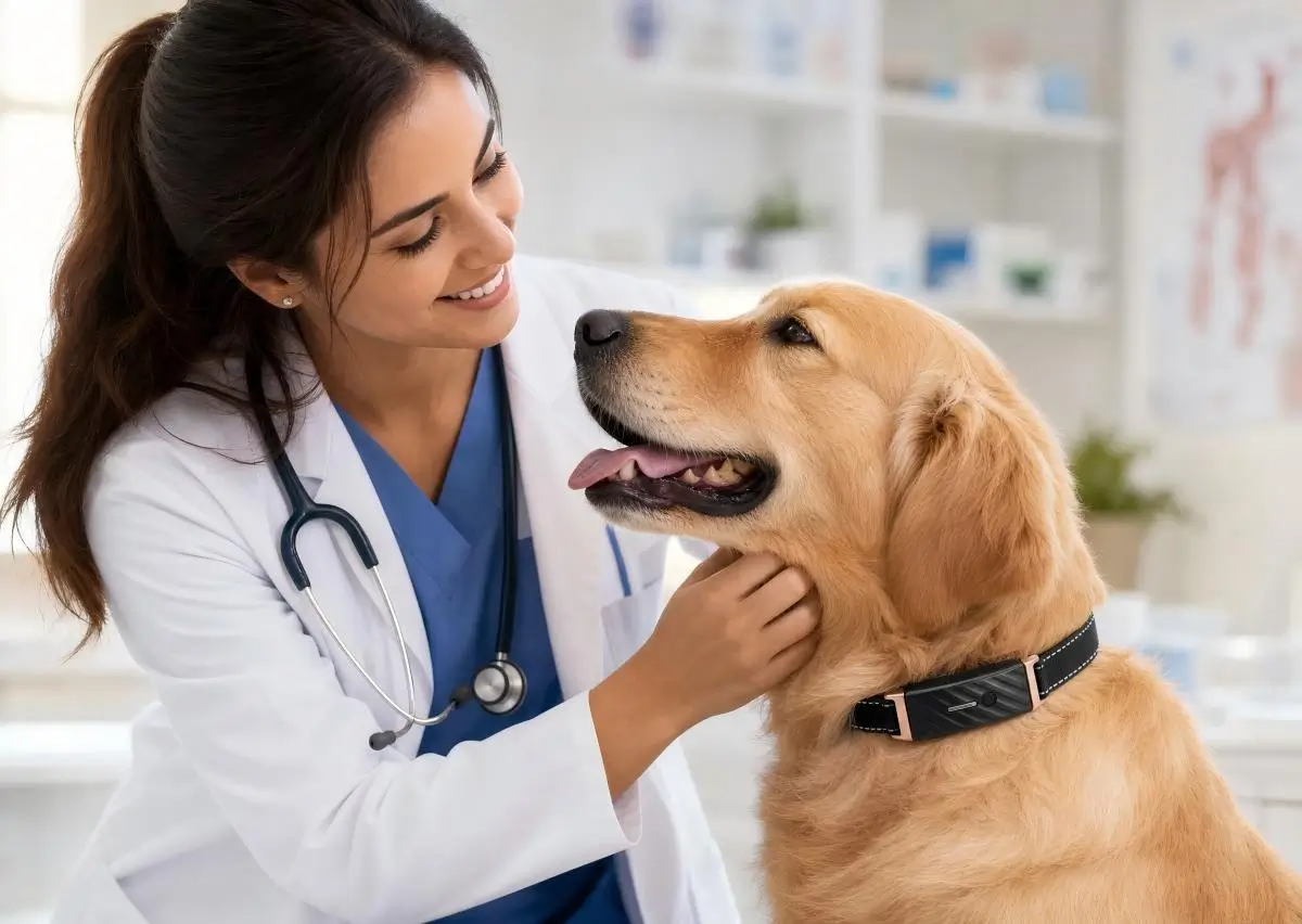 A veterinarian examining a senior golden retriever wearing a KIYE smart health collar in a clinic.