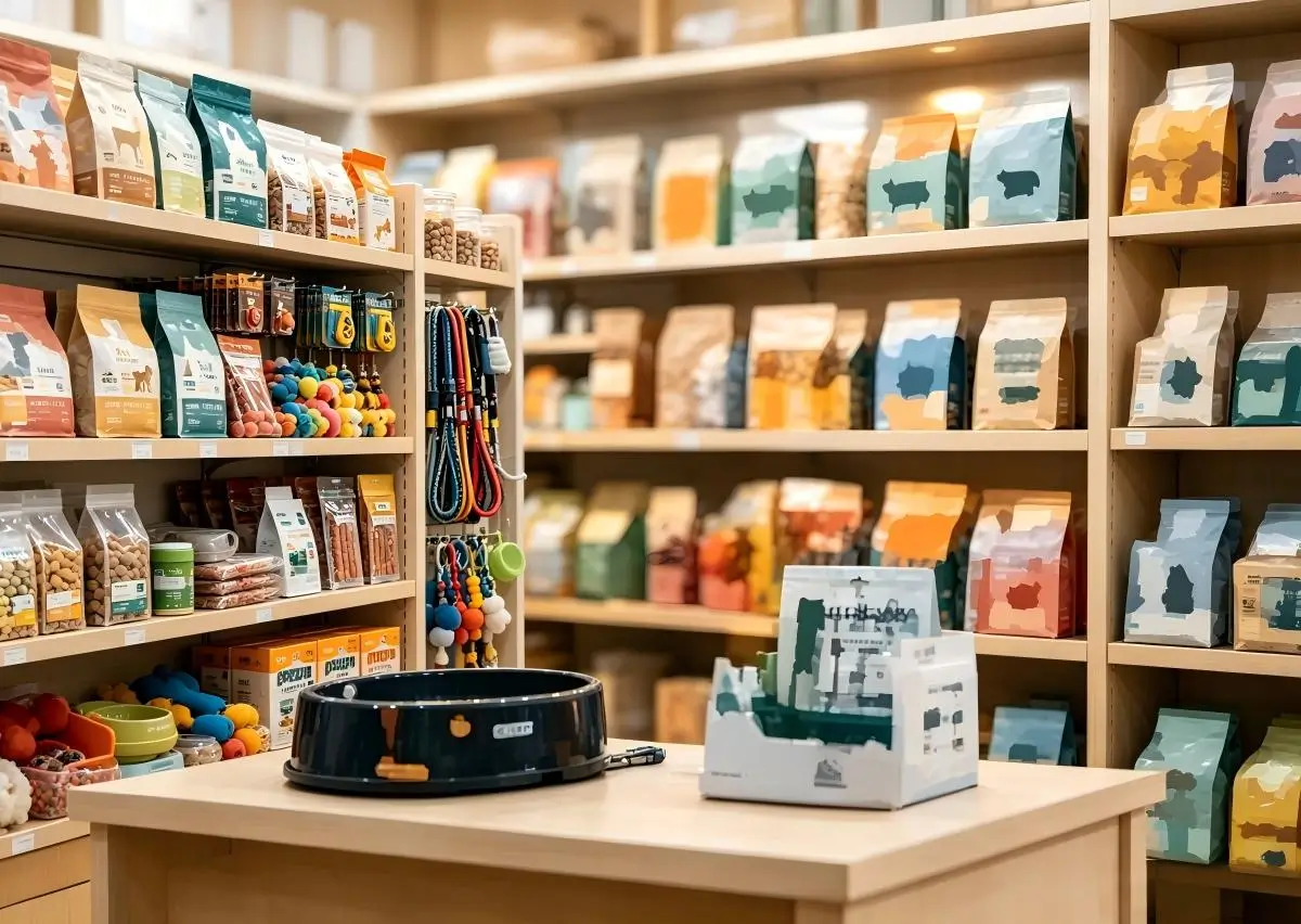 A modern pet retail store display showcasing KIYE smart wellness products for senior dog care.