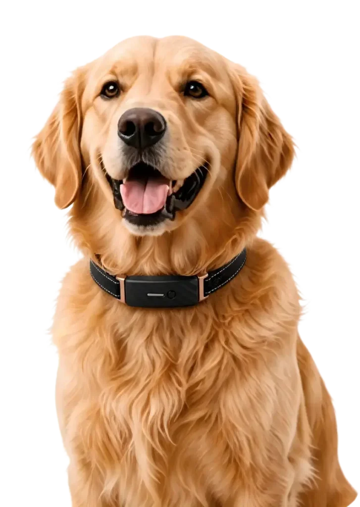 Happy senior golden retriever wearing a KIYE Smart Collar for B2B pet health partnership opportunities.
