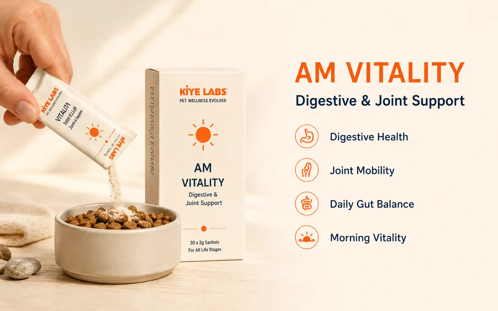 KIYE AM Vitality morning nutrition sachet, packaging and dog food bowl