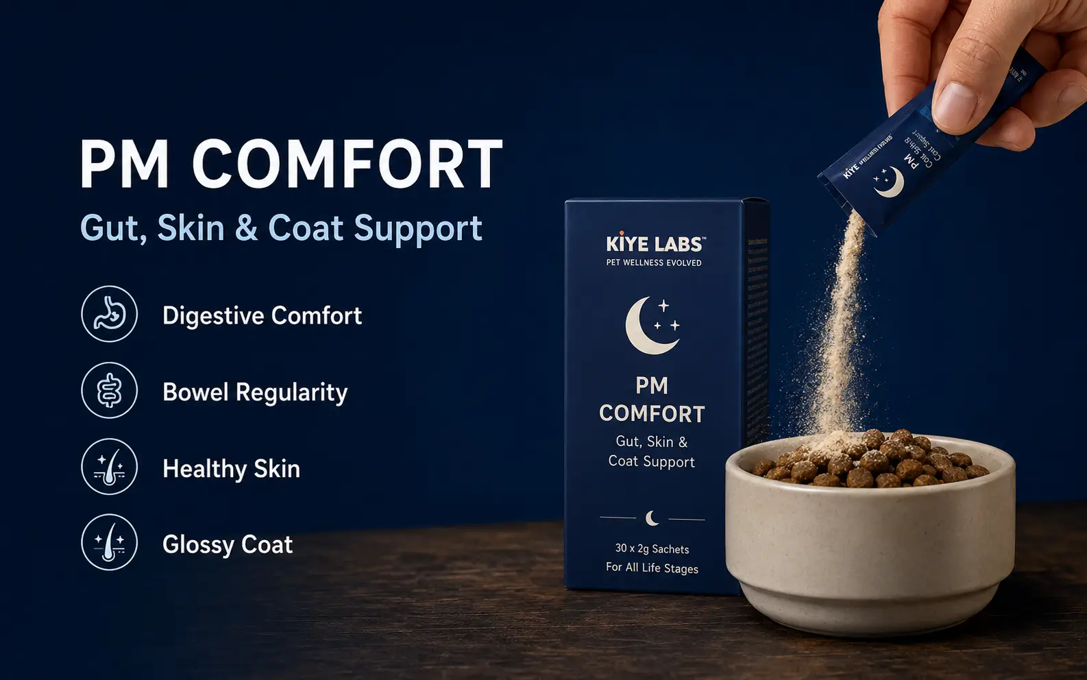 KIYE PM Comfort evening nutrition sachet, packaging and dog food bowl