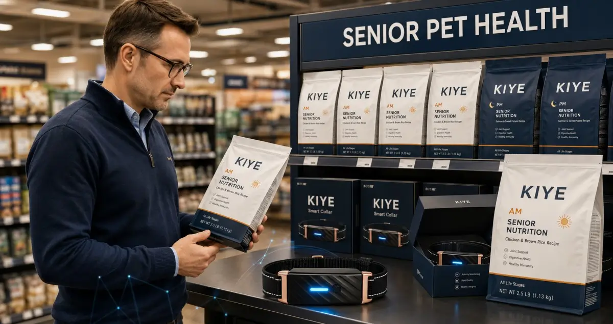 Pet store buyer reviewing KIYE smart collar and senior pet nutrition products