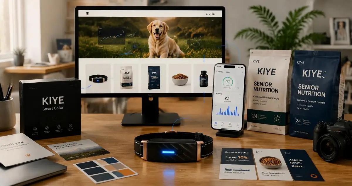 KIYE connected pet health products prepared for a Shopify direct-to-consumer store