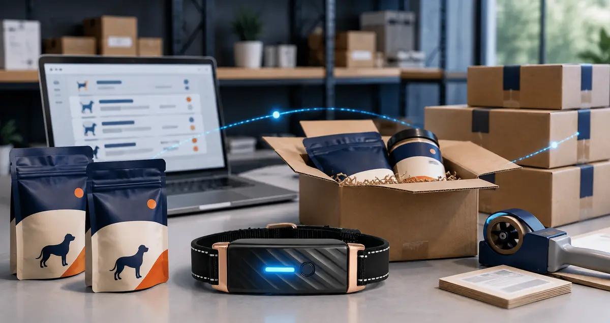 KIYE smart collar and nutrition bundles prepared at a pet health dropshipping fulfillment station